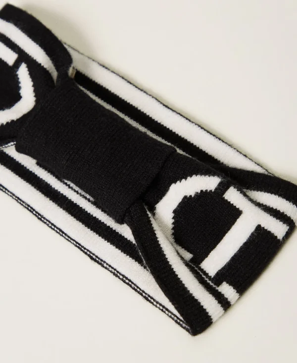 Accessoires*TWINSET Milano Bandeau En Maille Avec Logo Oval T Bicolore Noir / Blanc Cassé