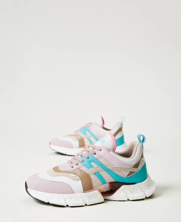 baskets_de_running_color__1.webp Chaussures Plates | Baskets*TWINSET Milano Baskets De Running Color Block Multicolore Blanc « Papers »/Vert « Tropical Emerald »/Rose « Pink Tulle »