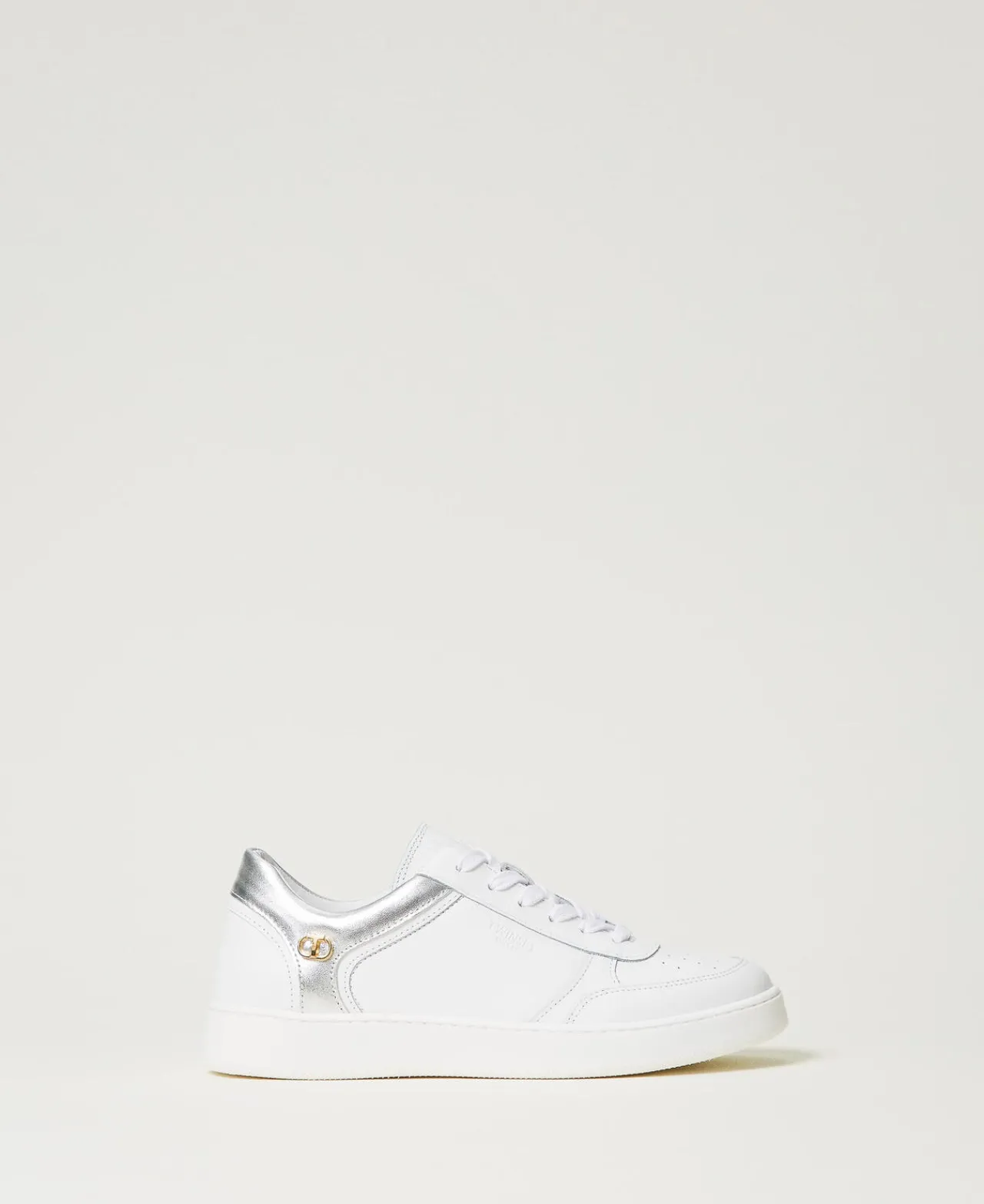 baskets_en_cuir_avec_inse_0.webp Chaussures Plates | Baskets*TWINSET Milano Baskets En Cuir Avec Insertions Lamées Bicolore Blanc Optique/Argent