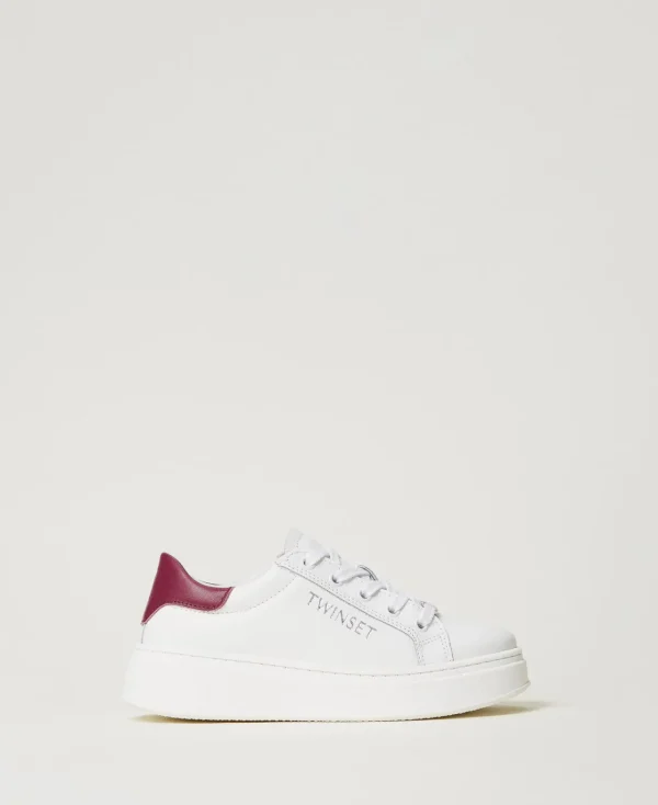 baskets_en_cuir_avec_logo_0.webp Chaussures*TWINSET Milano Baskets En Cuir Avec Logo Bicolore Blanc Optique/Red Plum