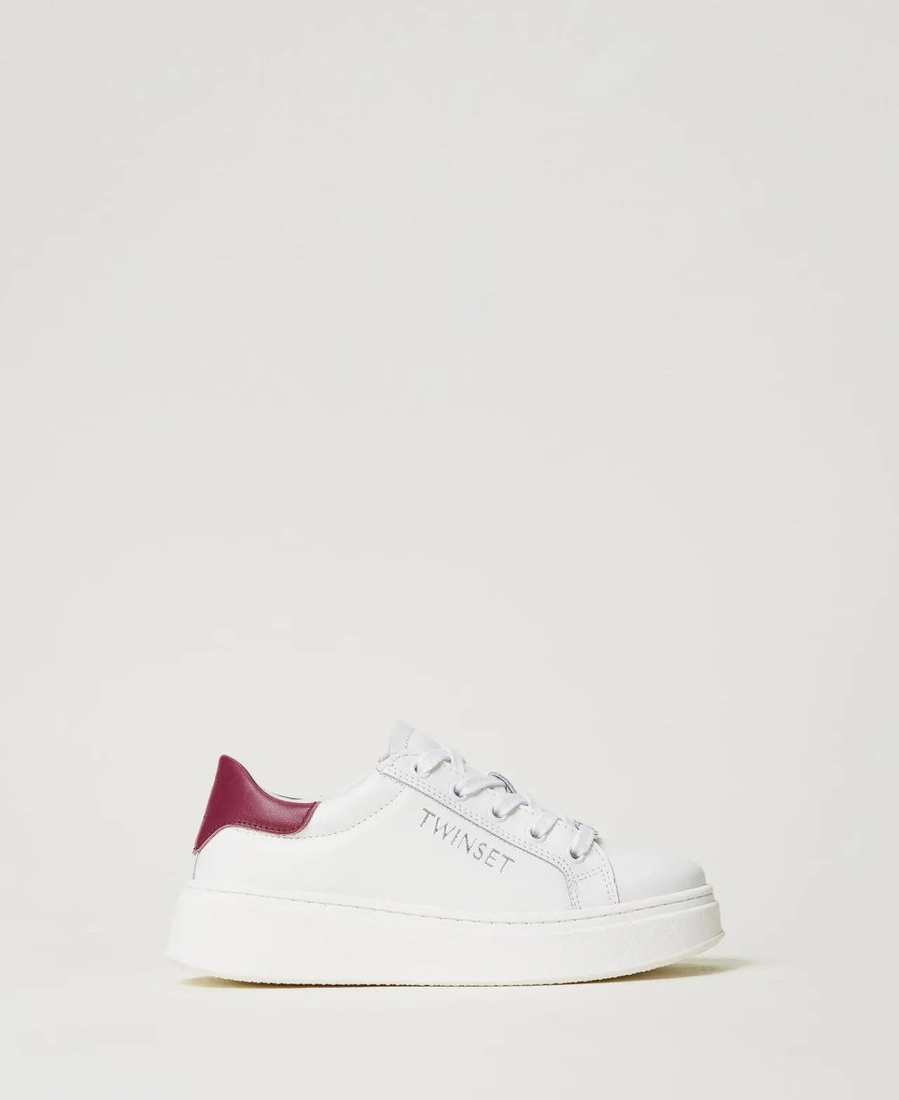 Chaussures*TWINSET Milano Baskets En Cuir Avec Logo Bicolore Blanc Optique/Red Plum
