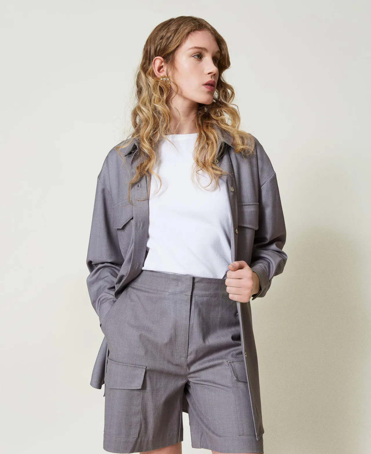 Shorts*TWINSET Milano Bermuda Rayé Avec Poches Gris Chiné Rayure Neige