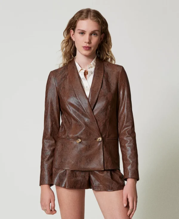 Blousons Et Doudounes | Blazers*TWINSET Milano Blazer Effet Cuir Lézard Imprimé Lézard Café/Noir