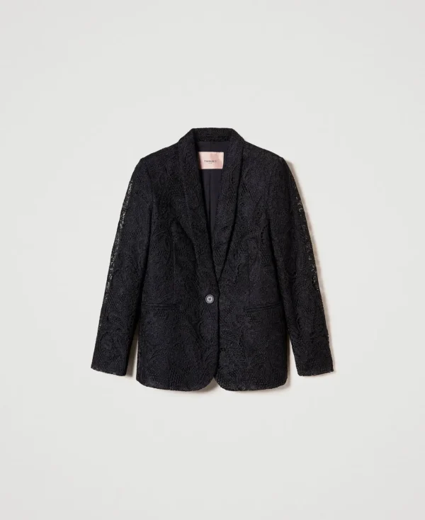 blazer_en_dentelle_macram_1.webp Blousons Et Doudounes | Blazers*TWINSET Milano Blazer En Dentelle Macramé Noir