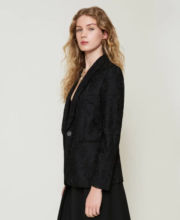 blazer_en_dentelle_macram_2.webp Blousons Et Doudounes | Blazers*TWINSET Milano Blazer En Dentelle Macramé Noir