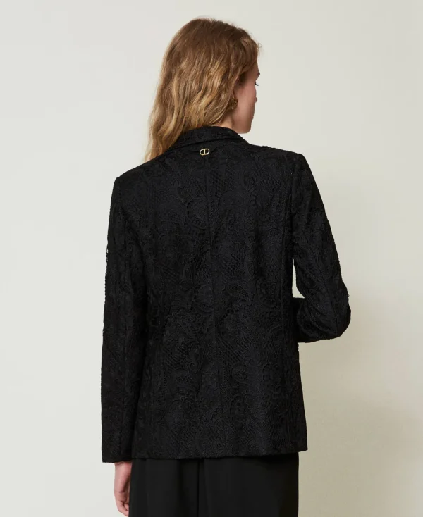 blazer_en_dentelle_macram_3.webp Blousons Et Doudounes | Blazers*TWINSET Milano Blazer En Dentelle Macramé Noir