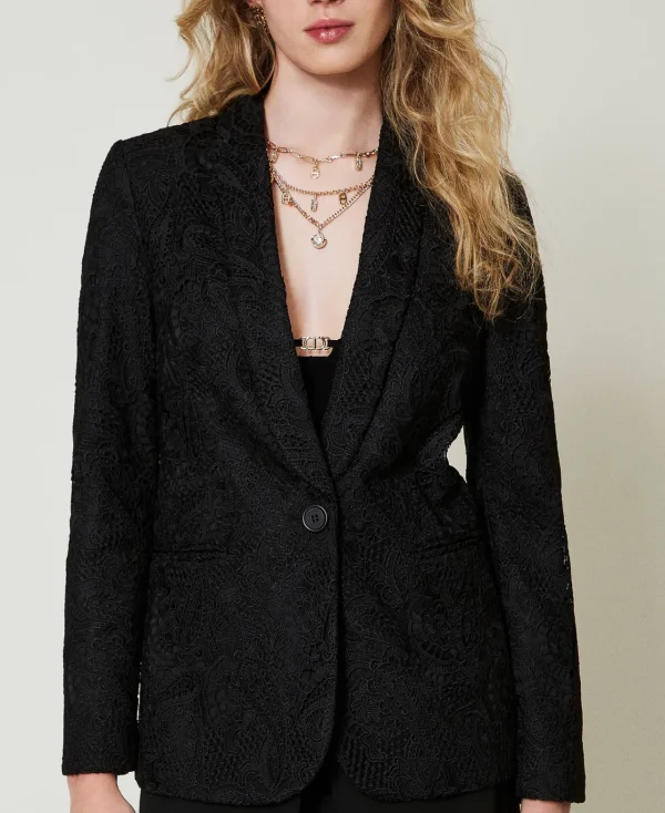 blazer_en_dentelle_macram_4.webp Blousons Et Doudounes | Blazers*TWINSET Milano Blazer En Dentelle Macramé Noir