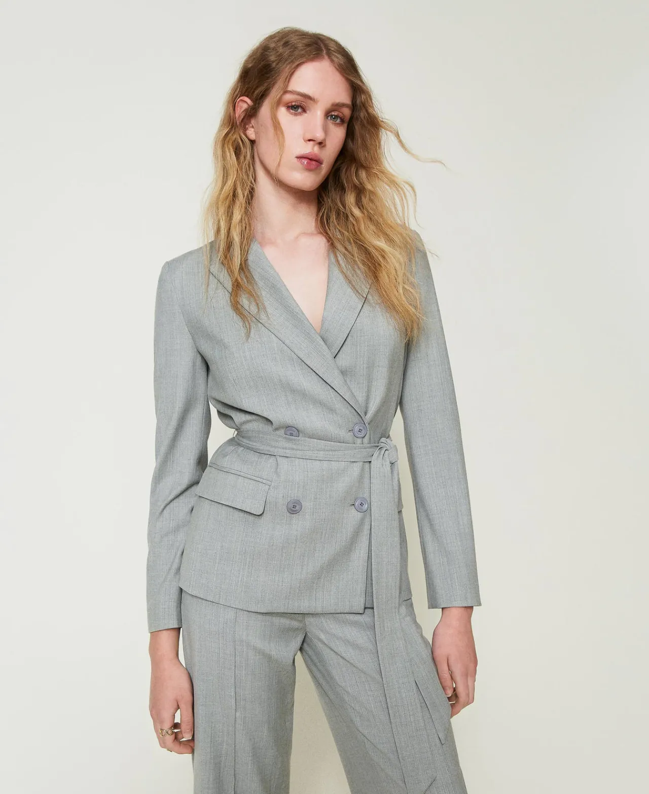 blazer_en_laine_mlange_av_0.webp Blousons Et Doudounes | Blazers*TWINSET Milano Blazer En Laine Mélangée Avec Ceinture Gris moyen chiné