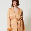 blazer_en_satin_avec_plum_0.webp Blousons Et Doudounes | Blazers*TWINSET Milano Blazer En Satin Avec Plumes Orange « Bubbly »