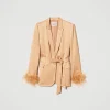blazer_en_satin_avec_plum_1.webp Blousons Et Doudounes | Blazers*TWINSET Milano Blazer En Satin Avec Plumes Orange « Bubbly »