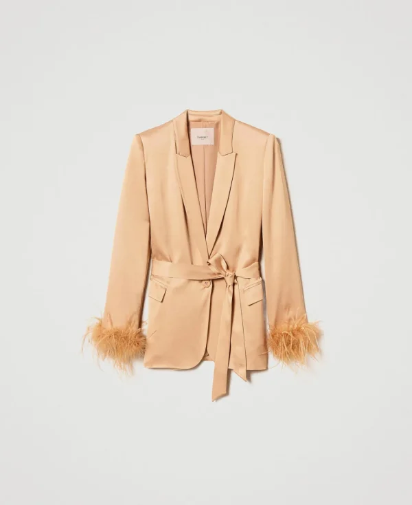 blazer_en_satin_avec_plum_1.webp Blousons Et Doudounes | Blazers*TWINSET Milano Blazer En Satin Avec Plumes Orange « Bubbly »