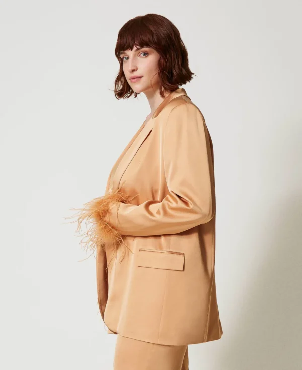 blazer_en_satin_avec_plum_2.webp Blousons Et Doudounes | Blazers*TWINSET Milano Blazer En Satin Avec Plumes Orange « Bubbly »