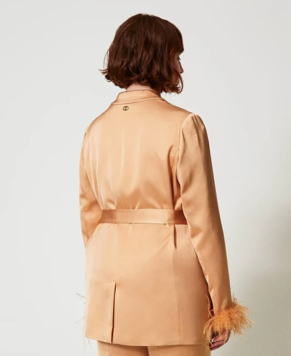 blazer_en_satin_avec_plum_3.webp Blousons Et Doudounes | Blazers*TWINSET Milano Blazer En Satin Avec Plumes Orange « Bubbly »