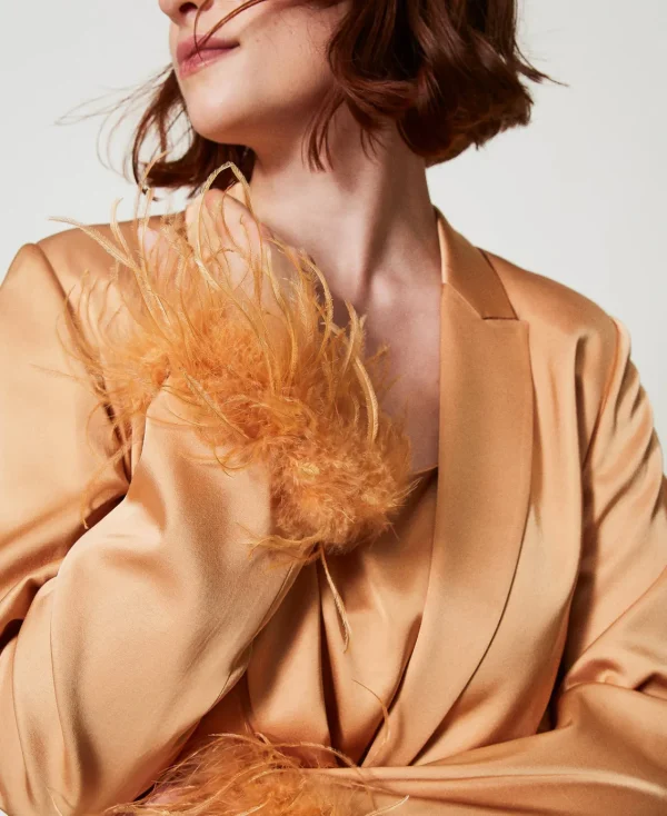 blazer_en_satin_avec_plum_4.webp Blousons Et Doudounes | Blazers*TWINSET Milano Blazer En Satin Avec Plumes Orange « Bubbly »