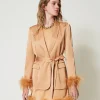 blazer_en_satin_avec_plum_5.webp Blousons Et Doudounes | Blazers*TWINSET Milano Blazer En Satin Avec Plumes Orange « Bubbly »