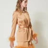 blazer_en_satin_avec_plum_6.webp Blousons Et Doudounes | Blazers*TWINSET Milano Blazer En Satin Avec Plumes Orange « Bubbly »