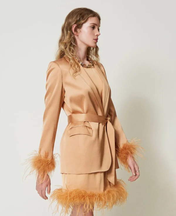blazer_en_satin_avec_plum_6.webp Blousons Et Doudounes | Blazers*TWINSET Milano Blazer En Satin Avec Plumes Orange « Bubbly »