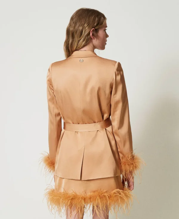 blazer_en_satin_avec_plum_7.webp Blousons Et Doudounes | Blazers*TWINSET Milano Blazer En Satin Avec Plumes Orange « Bubbly »