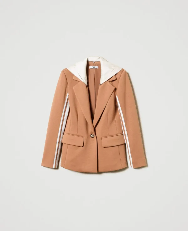 blazer_en_scuba_avec_capu_1.webp Blousons Et Doudounes | Blazers*TWINSET Milano Blazer En Scuba Avec Capuche Bicolore Caramel Camel/Nacre