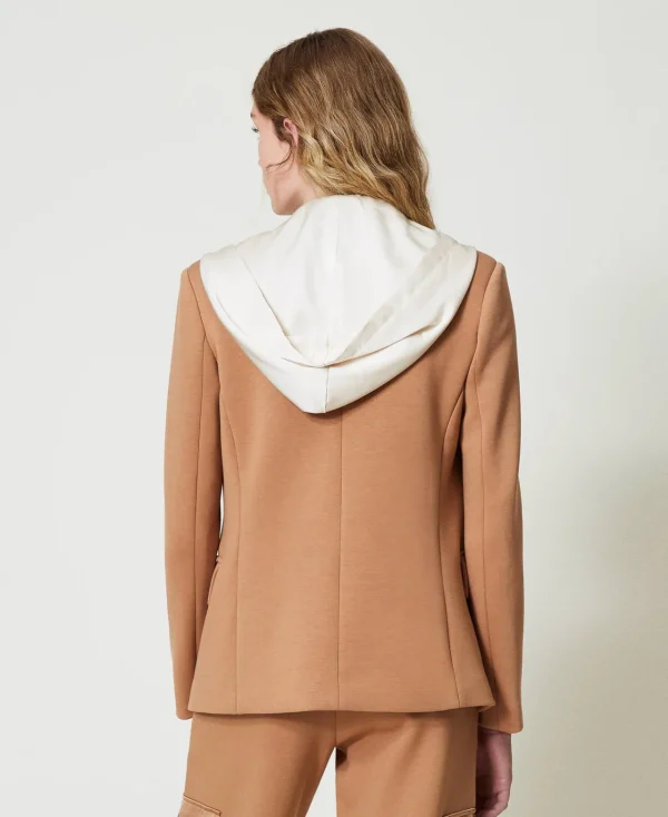 blazer_en_scuba_avec_capu_3.webp Blousons Et Doudounes | Blazers*TWINSET Milano Blazer En Scuba Avec Capuche Bicolore Caramel Camel/Nacre