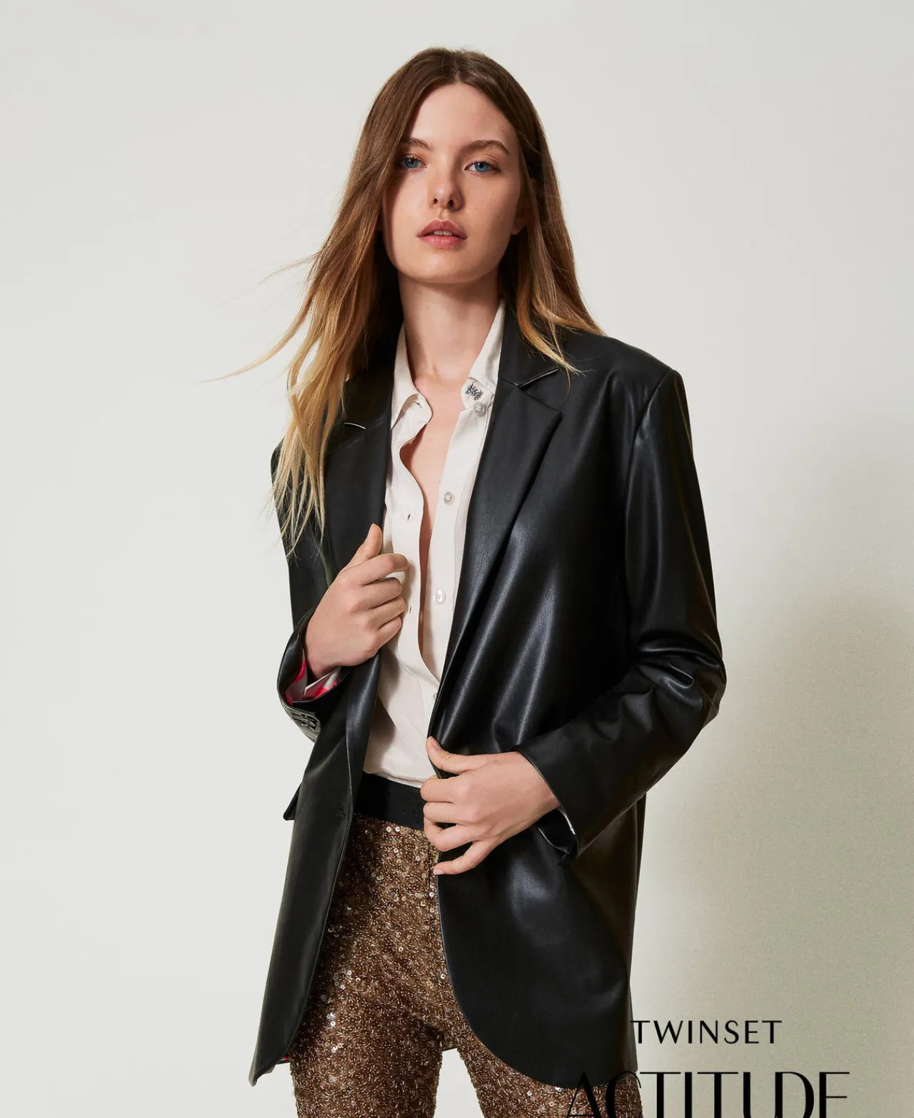 blazer_myfo_effet_cuir_0.webp Blousons Et Doudounes | Blazers*TWINSET Milano Blazer MYFO Effet Cuir Noir