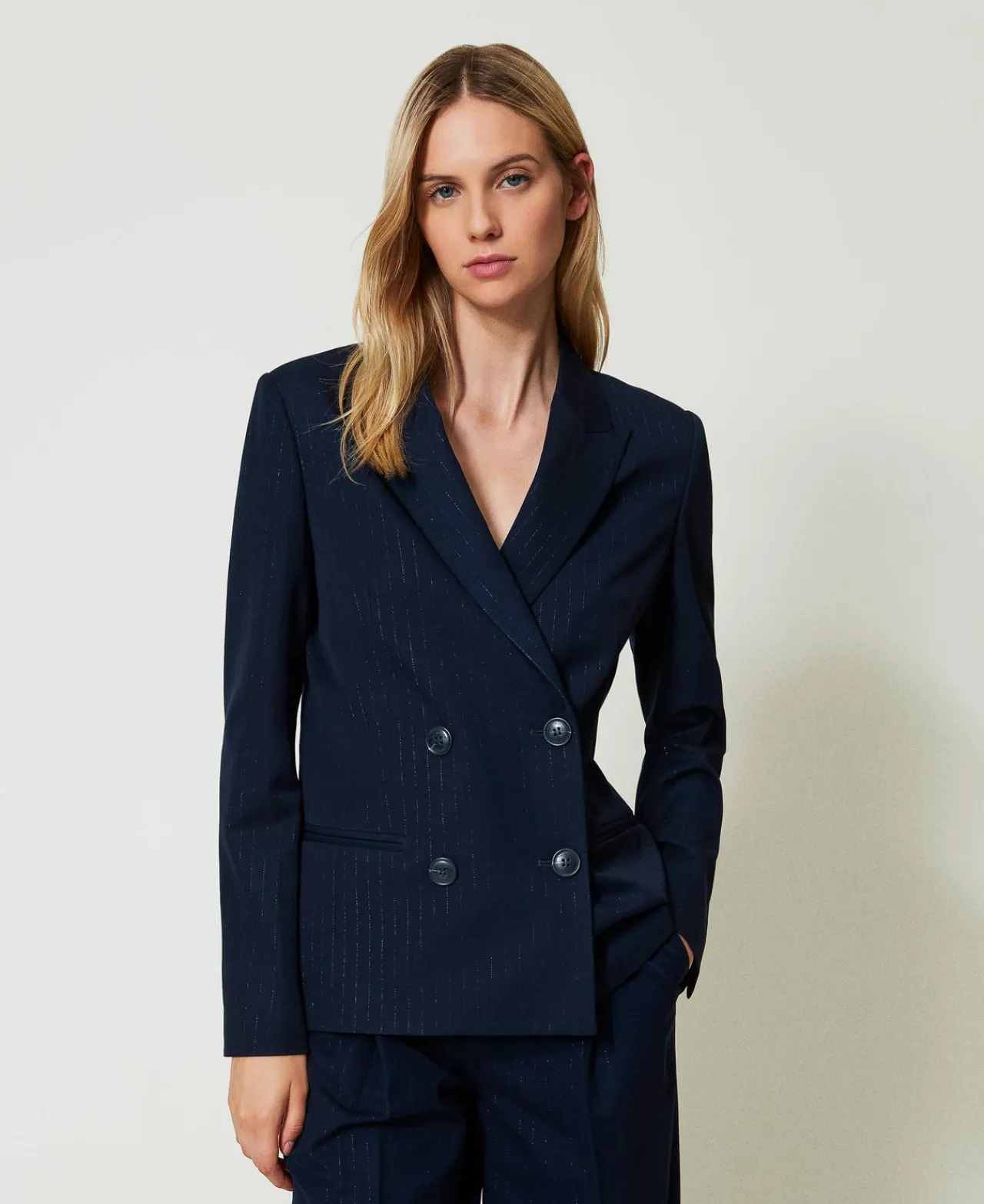 blazer_ray_avec_lurex_0.webp Blousons Et Doudounes | Blazers*TWINSET Milano Blazer Rayé Avec Lurex Indigo Rayure Lurex