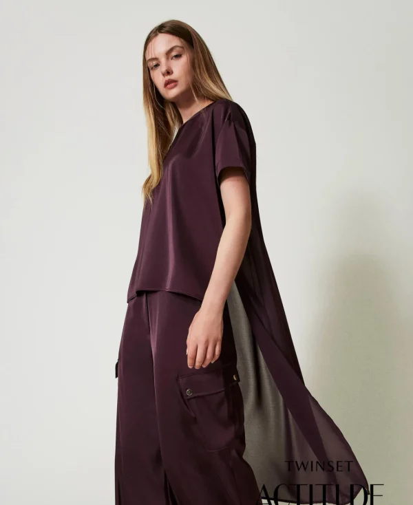 blouse_asymtrique_en_sati_0.webp Blouses Et Chemises*TWINSET Milano Blouse Asymétrique En Satin Et Crêpe Georgette Potent Purple