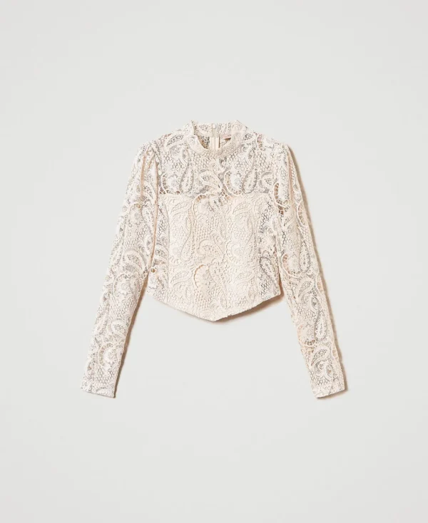 blouse_cropped_en_dentell_1-1.webp Blouses Et Chemises*TWINSET Milano Blouse Cropped En Dentelle Macramé Blanc « Old White »