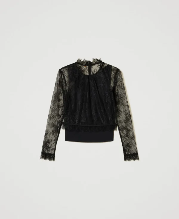 blouse_cropped_en_dentell_1.webp Blouses Et Chemises*TWINSET Milano Blouse Cropped En Dentelle Avec Top Noir