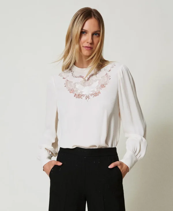 blouse_en_crpe_avec_brode_0.webp Blouses Et Chemises*TWINSET Milano Blouse En Crêpe Avec Broderie Florale Blanc « White Cream »