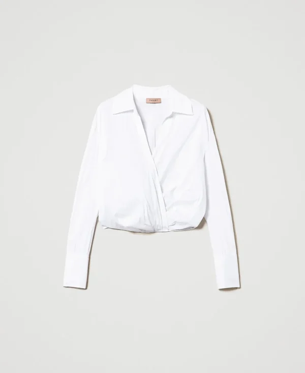 blouse_en_popeline_avec_f_1.webp Blouses Et Chemises*TWINSET Milano Blouse En Popeline Avec Finition Croisée Blanc