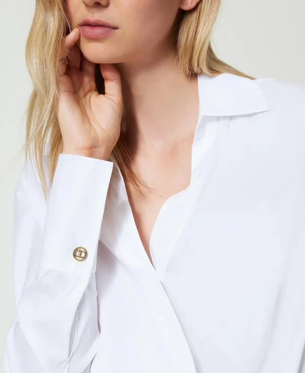 blouse_en_popeline_avec_f_4.webp Blouses Et Chemises*TWINSET Milano Blouse En Popeline Avec Finition Croisée Blanc