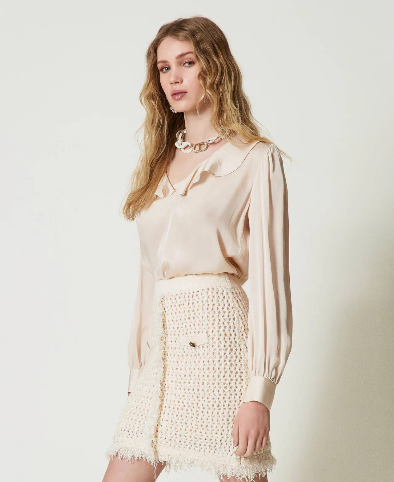 Blouses Et Chemises*TWINSET Milano Blouse En Satin Avec Volant Blanc « Old White »