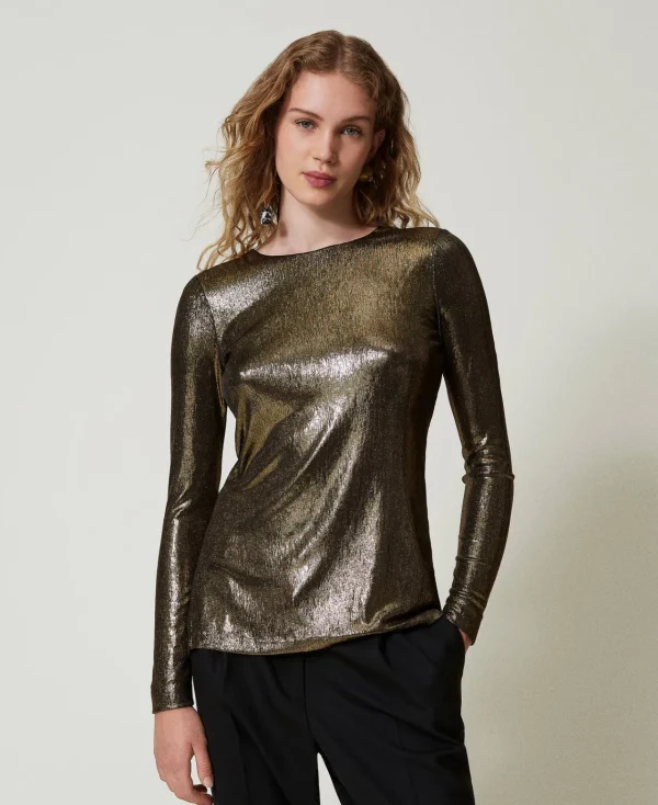blouse_lame_avec_nud_2.webp Blouses Et Chemises*TWINSET Milano Blouse Lamée Avec Nœud Lamé Or/Noir