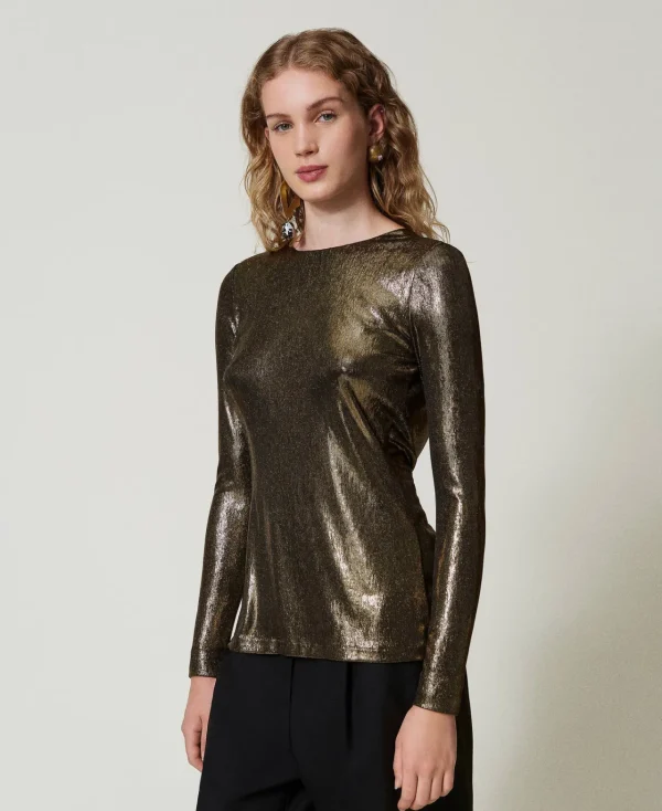 blouse_lame_avec_nud_3.webp Blouses Et Chemises*TWINSET Milano Blouse Lamée Avec Nœud Lamé Or/Noir