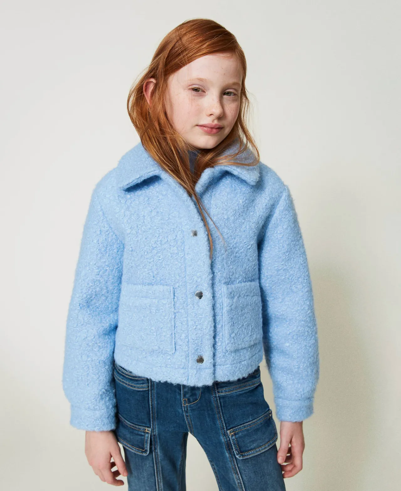 blouson_court_en_drap_bou_0.webp Blousons Et Manteaux*TWINSET Milano Blouson Court En Drap Bouclette Bleu « Frozen Fjord »