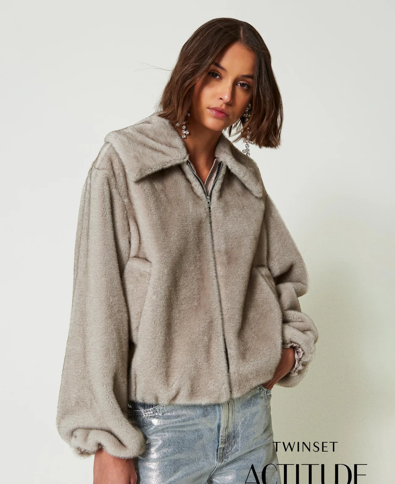 Blousons Et Doudounes*TWINSET Milano Blouson Court En Fausse Fourrure Gris Fumé