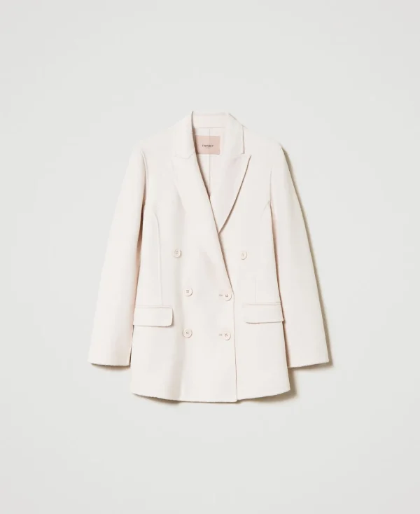 blouson_crois_en_drap_dou_1.webp Blousons Et Doudounes | Blazers*TWINSET Milano Blouson Croisé En Drap Double De Laine Mélangée Blanc « Old White »