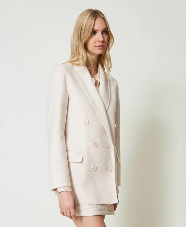 blouson_crois_en_drap_dou_4.webp Blousons Et Doudounes | Blazers*TWINSET Milano Blouson Croisé En Drap Double De Laine Mélangée Blanc « Old White »