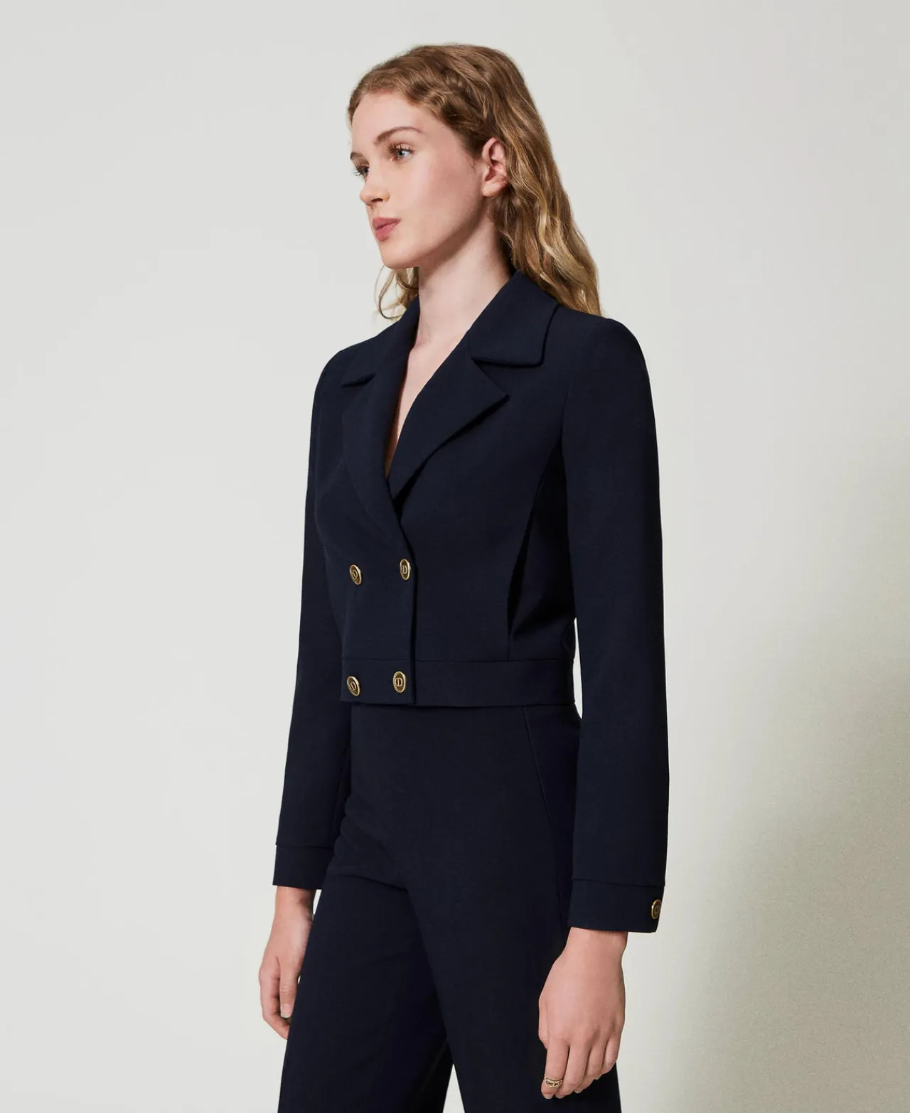 blouson_cropped_en_crpe_c_0.webp Blousons Et Doudounes | Blazers*TWINSET Milano Blouson Cropped En Crêpe Cady Bleu Classique