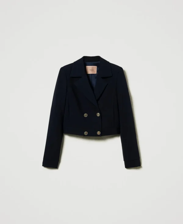 blouson_cropped_en_crpe_c_1.webp Blousons Et Doudounes | Blazers*TWINSET Milano Blouson Cropped En Crêpe Cady Bleu Classique