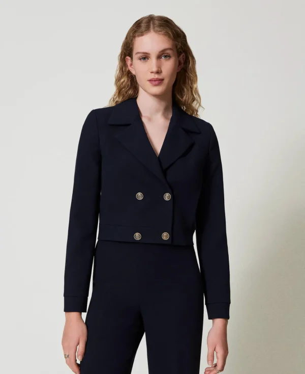 blouson_cropped_en_crpe_c_2.webp Blousons Et Doudounes | Blazers*TWINSET Milano Blouson Cropped En Crêpe Cady Bleu Classique