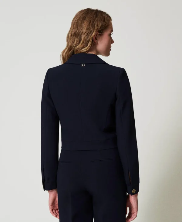 blouson_cropped_en_crpe_c_3.webp Blousons Et Doudounes | Blazers*TWINSET Milano Blouson Cropped En Crêpe Cady Bleu Classique