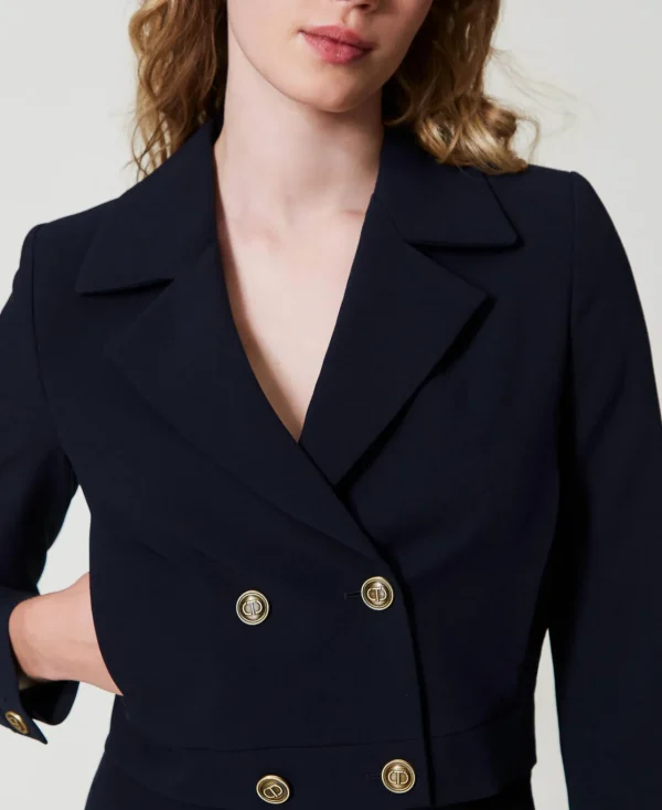 blouson_cropped_en_crpe_c_4.webp Blousons Et Doudounes | Blazers*TWINSET Milano Blouson Cropped En Crêpe Cady Bleu Classique