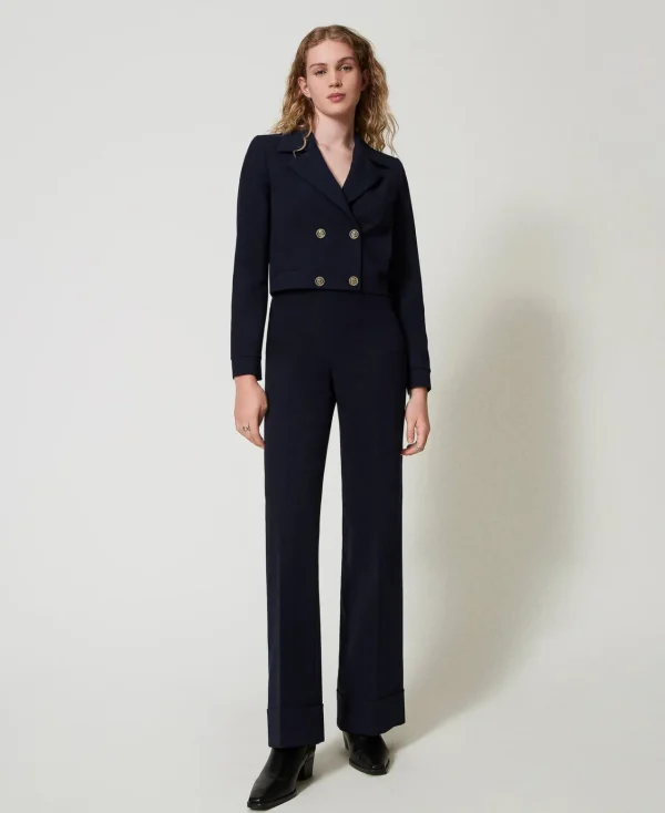 blouson_cropped_en_crpe_c_5.webp Blousons Et Doudounes | Blazers*TWINSET Milano Blouson Cropped En Crêpe Cady Bleu Classique