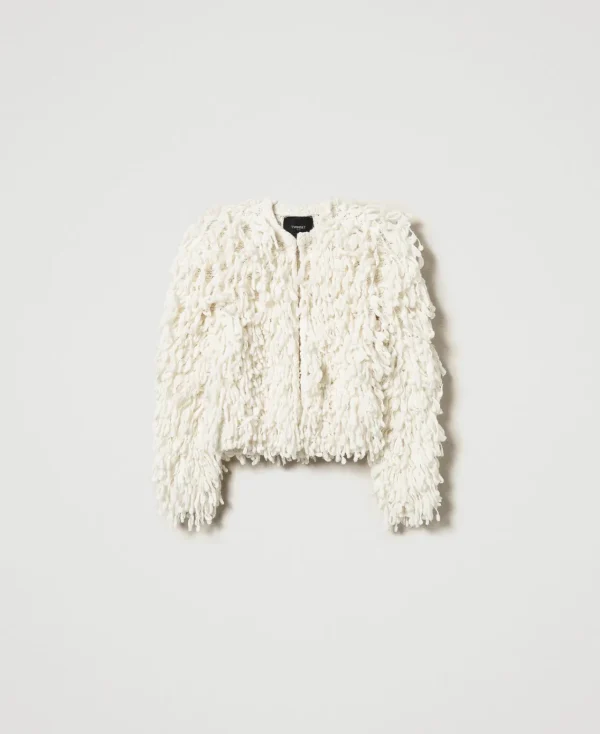 blouson_elisabeth_en_mail_1.webp Blousons Et Doudounes*TWINSET Milano Blouson «Elisabeth» En Maille Bouclée Blanc Neige