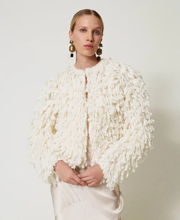 blouson_elisabeth_en_mail_2.webp Blousons Et Doudounes*TWINSET Milano Blouson «Elisabeth» En Maille Bouclée Blanc Neige