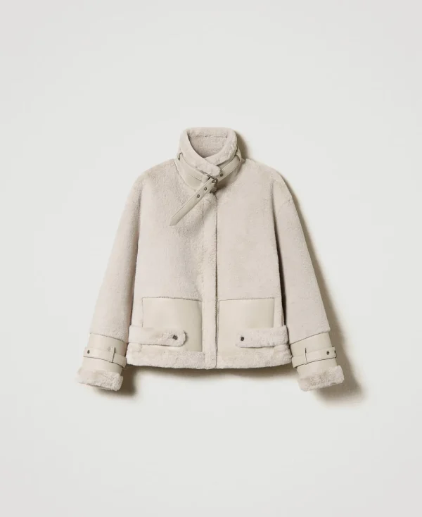 Blousons Et Doudounes*TWINSET Milano Blouson En Fausse Fourrure Avec Brides Blanc « Old White »