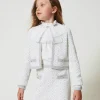 blouson_en_maille_jacquar_0-2.webp Blousons Et Manteaux*TWINSET Milano Blouson En Maille Jacquard Avec Oval T Bicolore Blanc Cassé/Argent Métallisé