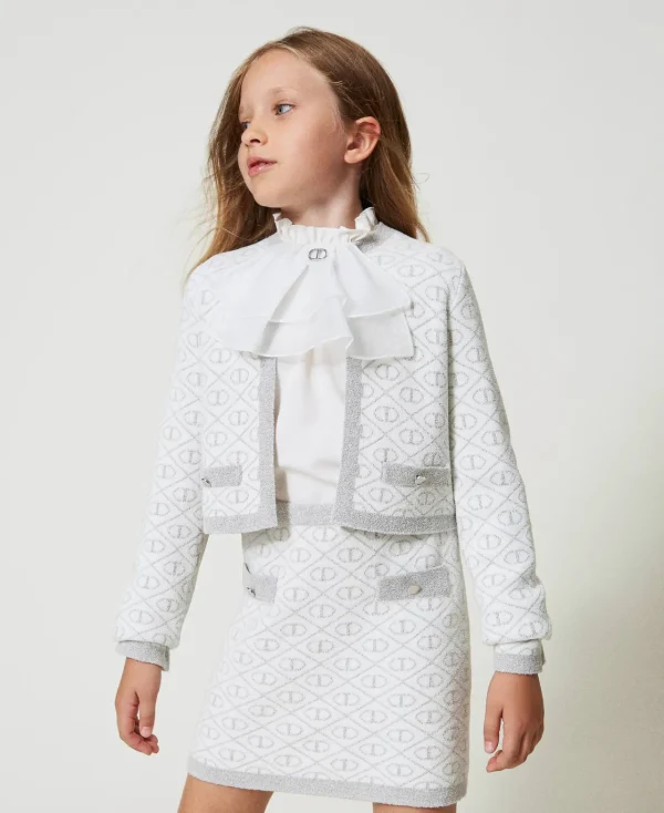 blouson_en_maille_jacquar_0-2.webp Blousons Et Manteaux*TWINSET Milano Blouson En Maille Jacquard Avec Oval T Bicolore Blanc Cassé/Argent Métallisé